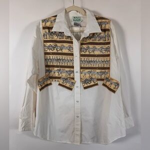 The Quacker Factory Button Down Shirt Womens Large Zebra Print Gems Whimsy VTG
